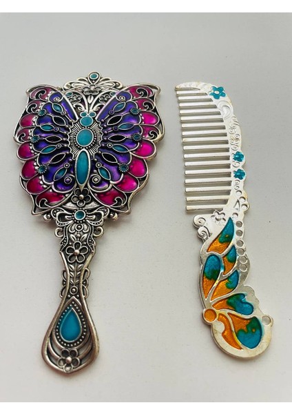 Ayna Tarak Seti, Kutulu-Metal-Hediyelik Takım, 13CM Aynalı Saç Fırçası, Tavuskuşu Figürlü