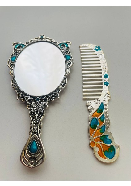 Ayna Tarak Seti, Kutulu-Metal-Hediyelik Takım, 13CM Aynalı Saç Fırçası, Tavuskuşu Figürlü