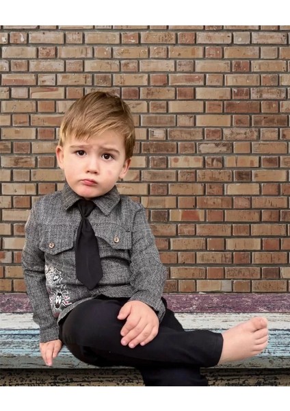 Litaetrend 3-4-5 Yaş Kravatlı Keten Gömlek Gabardin Pantolon Uzun Kollu 3lü Erkek Çocuk Takımı Siyah