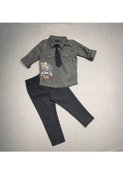 Litaetrend 3-4-5 Yaş Kravatlı Keten Gömlek Gabardin Pantolon Uzun Kollu 3lü Erkek Çocuk Takımı Siyah modelleri