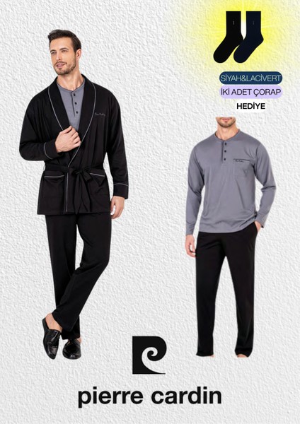 Erkek Siyah Penye 3'lü Robdöşambır & Uzun Kollu Pijama Takımı (2 Adet Çorap Hediyeli)