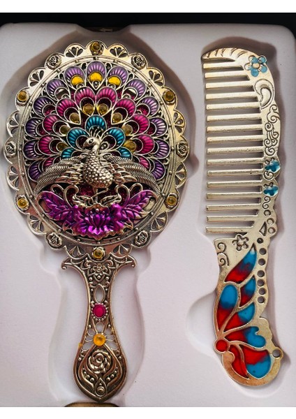 Ayna Tarak Seti, Kutulu-Metal-Hediyelik Takım, 13CM Aynalı Saç Fırçası, Tavuskuşu Figürlü fiyatları