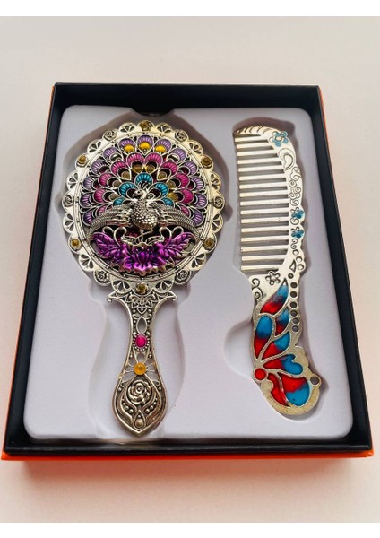 Ayna Tarak Seti, Kutulu-Metal-Hediyelik Takım, 13CM Aynalı Saç Fırçası, Tavuskuşu Figürlü modelleri