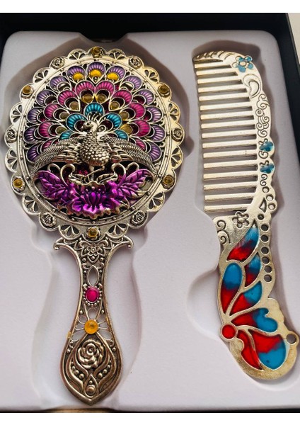 Ayna Tarak Seti, Kutulu-Metal-Hediyelik Takım, 13CM Aynalı Saç Fırçası, Tavuskuşu Figürlü fırsatları