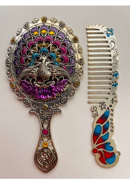 Ayna Tarak Seti, Kutulu-Metal-Hediyelik Takım, 13CM Aynalı Saç Fırçası, Tavuskuşu Figürlü indirimleri
