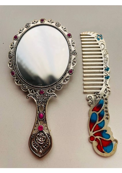 Ayna Tarak Seti, Kutulu-Metal-Hediyelik Takım, 13CM Aynalı Saç Fırçası, Tavuskuşu Figürlü