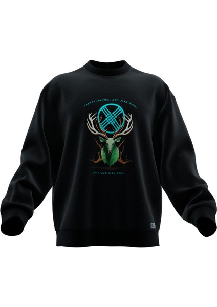 Mitolojik Geyik Baskılı Oversıze Sweatshırt (Unısex)