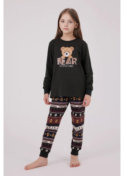 %100 Pamuklu Anne & Kız Çocuk Baskılı Antrasit Ikili Pijama Takımı L1.AR.346.1.002