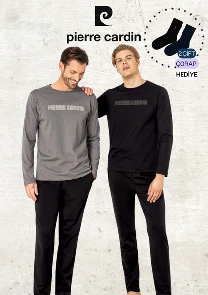 Erkek Giyim %100 Pamuk Uzun Kollu Koyu Gri & Siyah Iki Adet Pijama Takımı L1.PC.6093.002