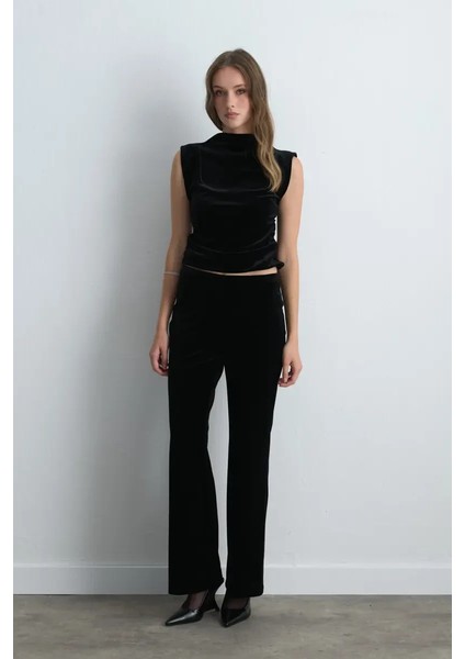 Beli Lastikli Bol Paça Kadife Pantolon - Siyah