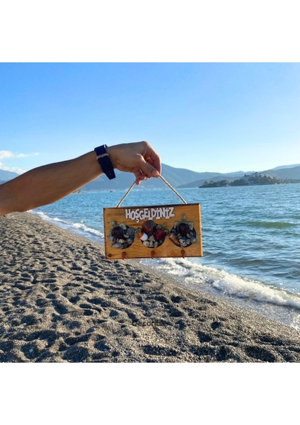 Hoşgeldiniz Deniz Kabuklu El Yapımı Ahşap Anahtarlık Askısı