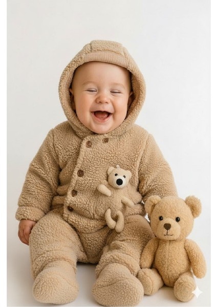 Wellsoft Peluş Bebek Tulum, Kışlık Kapüşonlu, Ayıcık Detaylı, Unisex