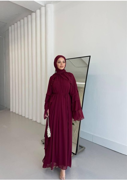 5730 Kolu Volanlı Pelerinli Şifon Elbise