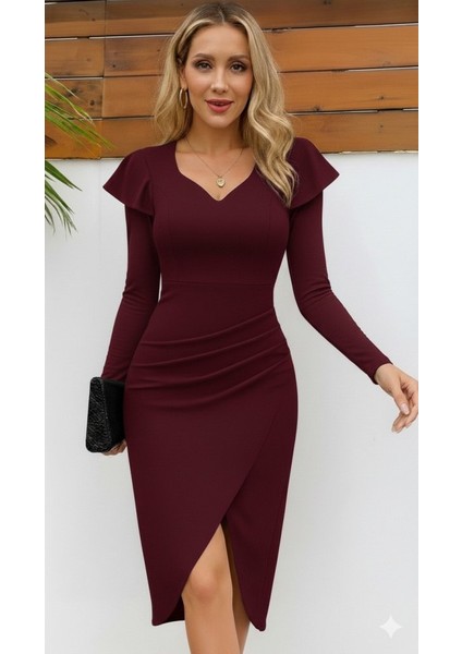 Kadın Uzun Kollu Kalp Yaka Önden Çapraz Detaylı Midi Ithal Krep Elbise