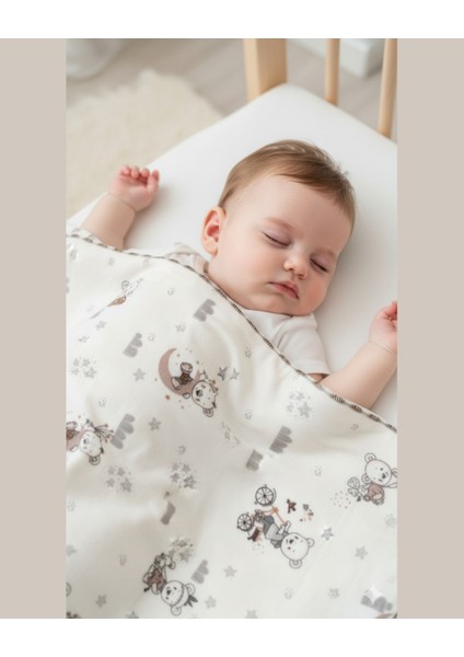 Aslıva Ayıcık Desenli %100 Pamuk Bebek Battaniyesi Yumuşak Pazen Örtü Yenidoğan