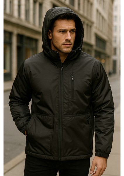 Erkek Kapüşonlu Cep Detaylı Içi Polar Kışlık Mont 2571 Siyah
