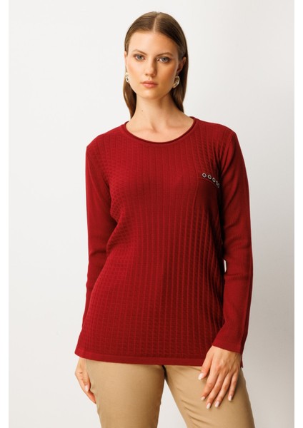 Kadın Büyük Beden Cebi Taşlı Triko Kazak 65354 Bordo