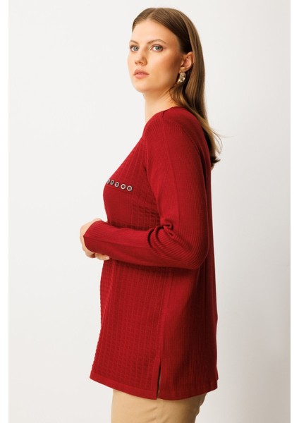 Kadın Büyük Beden Cebi Taşlı Triko Kazak 65354 Bordo fiyatları