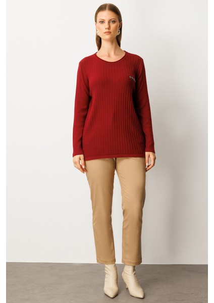 Kadın Büyük Beden Cebi Taşlı Triko Kazak 65354 Bordo modelleri