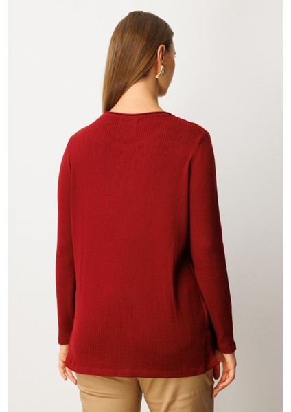 Kadın Büyük Beden Cebi Taşlı Triko Kazak 65354 Bordo fırsatları