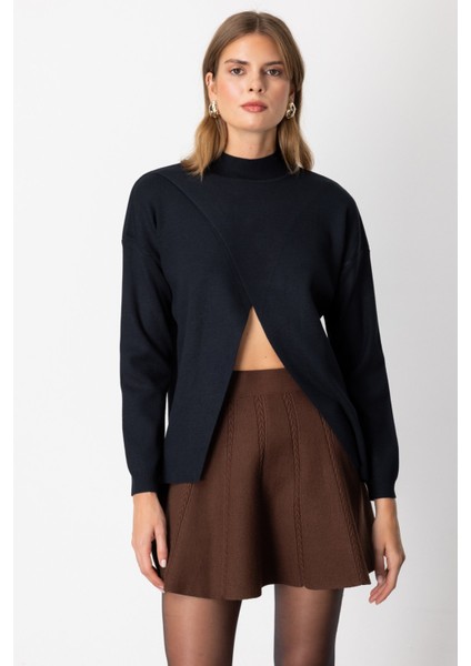 Kadın Dik Yaka Asimetrik Kesim Triko Kazak 65343 Siyah