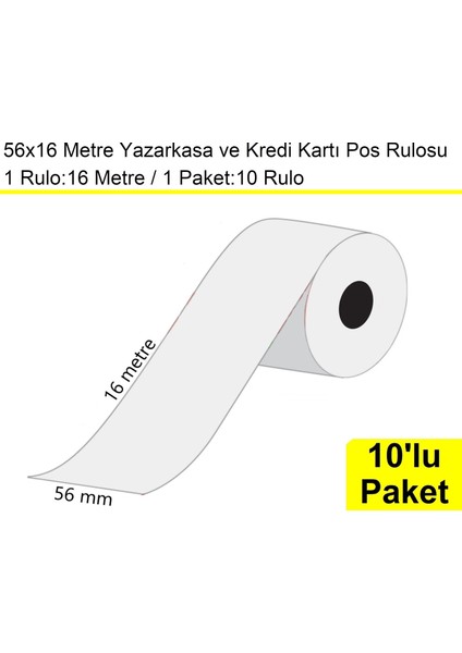56X16 Metre Termal Kredi Kartı ve Yazarkasa Pos Rulosu 10 Adet
