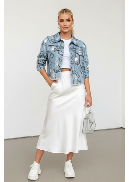 Kadın Mavi Düğmeli Uzun Kollu Surat/yüz Baskılı Crop Denim Jean Ceket Kadın | Yeni Sezon Kadın Ceket