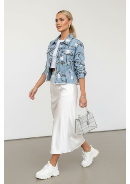 Kadın Mavi Düğmeli Uzun Kollu Surat/yüz Baskılı Crop Denim Jean Ceket Kadın | Yeni Sezon Kadın Ceket fiyatları