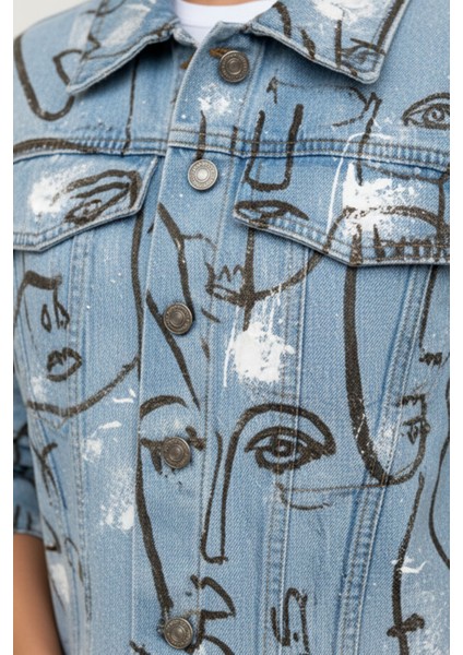 Kadın Mavi Düğmeli Uzun Kollu Surat/yüz Baskılı Crop Denim Jean Ceket Kadın | Yeni Sezon Kadın Ceket modelleri