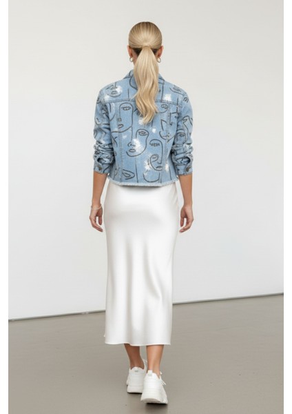 Kadın Mavi Düğmeli Uzun Kollu Surat/yüz Baskılı Crop Denim Jean Ceket Kadın | Yeni Sezon Kadın Ceket