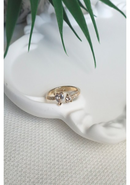 Kadın Yüzük Iki Kalp Tektaş Ayarlanabilir Yüzük