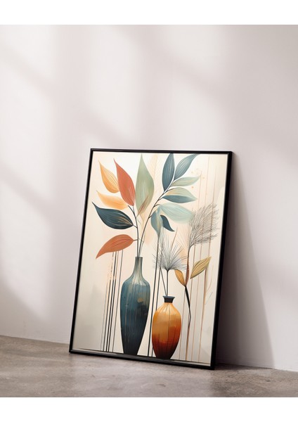 Metal Çerçeveli Gerçek Camlı Tablo, Vazo ve Bitki Temalı Dijital Baskılı, Salon, Oturma Odası Tablo indirimleri