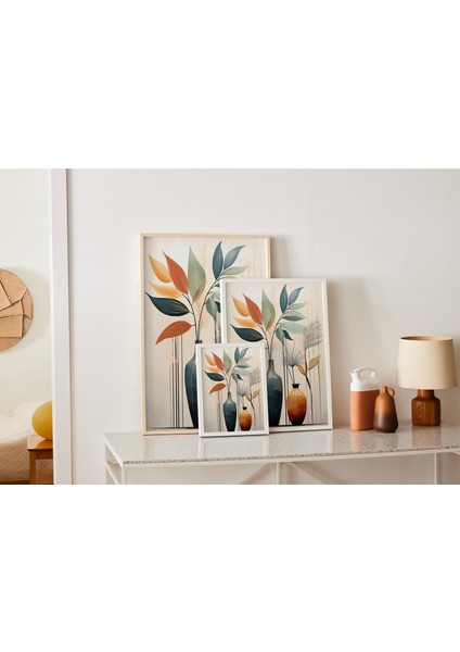 Metal Çerçeveli Gerçek Camlı Tablo, Vazo ve Bitki Temalı Dijital Baskılı, Salon, Oturma Odası Tablo