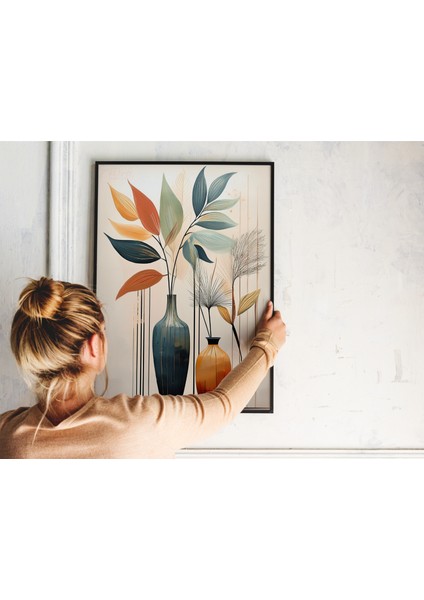 Metal Çerçeveli Gerçek Camlı Tablo, Vazo ve Bitki Temalı Dijital Baskılı, Salon, Oturma Odası Tablo