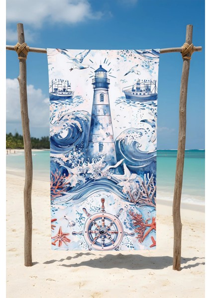 Deniz Feneri Desenli Desenli Pamuk Plaj Havlusu – Desenli Tasarım – 75X150 cm