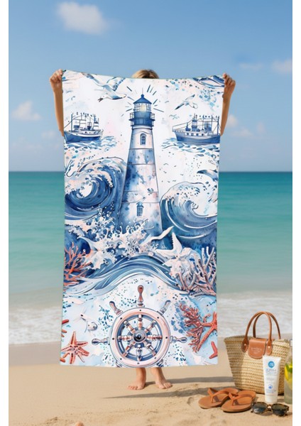 Deniz Feneri Desenli Desenli Pamuk Plaj Havlusu – Desenli Tasarım – 75X150 cm fiyatları