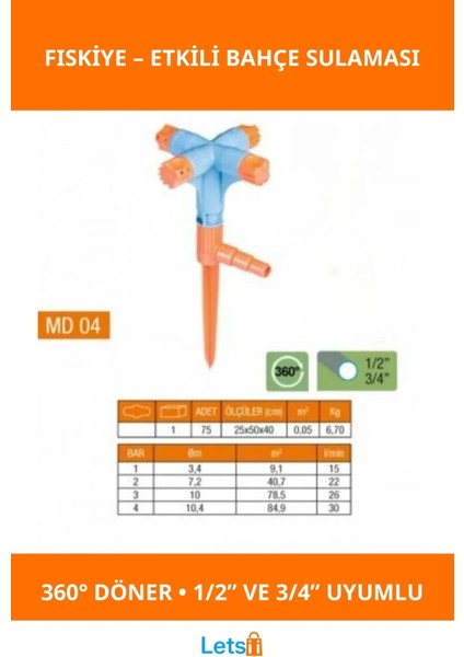 4 Yönlü Normal Sprink Fıskiye Kısa Meme Bahçe Sulama 360 Derece Döner