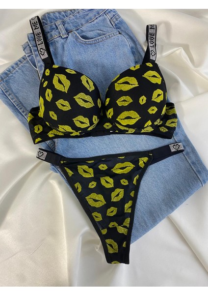 Beyaz Gelincik Underwear Kadın Öpücük Baskılı Taşlı Balenli Destekli Dolgulu Push Up Sütyen Takımı Iç Çamaşırı Takımı