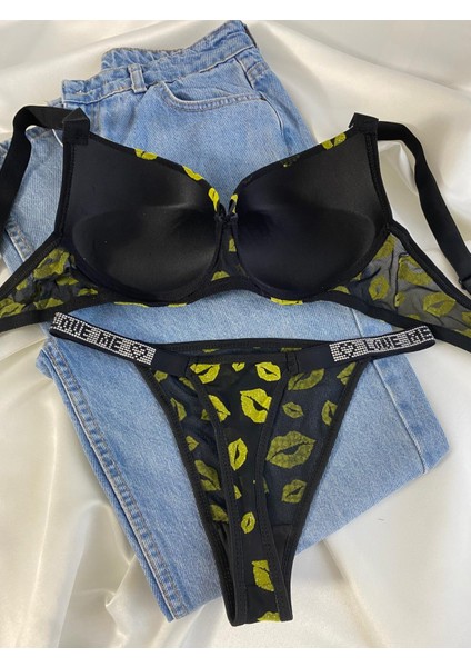 Beyaz Gelincik Underwear Kadın Öpücük Baskılı Taşlı Balenli Destekli Dolgulu Push Up Sütyen Takımı Iç Çamaşırı Takımı fırsatları