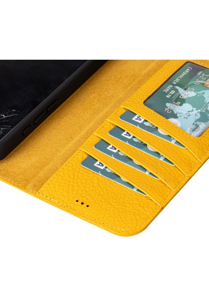 Apple iPhone 16 Pro Uyumlu, Hakiki Deri, El Yapımı, Cüzdanlı Kılıf, Limon Sarı indirimleri