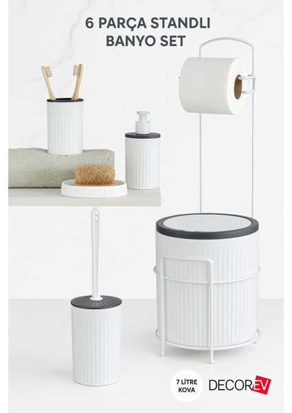 6 Parça Standlı Banyo Seti – 7 Litre Çöp Kovası, Tuvalet Kağıtlığı, Sabunluk, Fırçalık Banyo Takımı