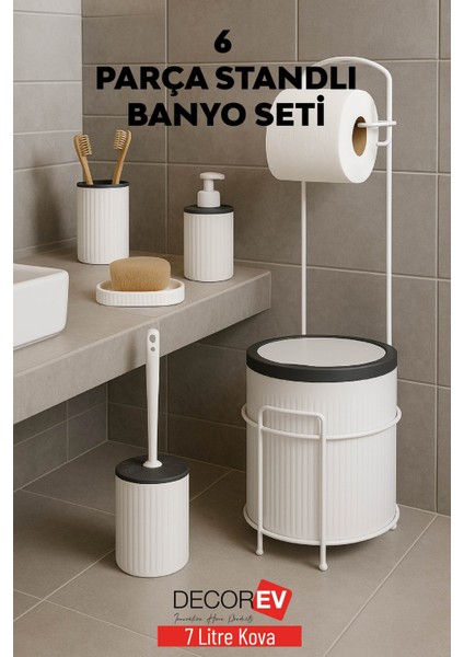 6 Parça Standlı Banyo Seti – 7 Litre Çöp Kovası, Tuvalet Kağıtlığı, Sabunluk, Fırçalık Banyo Takımı fiyatları