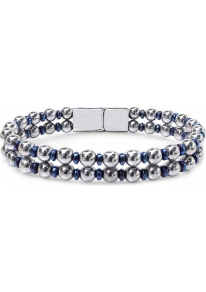 Çift Gümüş ve Mavi Renk Hematit Çelik Bileklik 9592B20D3