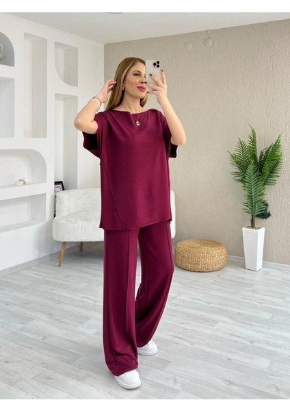 Kadın Kısa Kollu Kayık Yakalı Dikiş Izi Detaylı Viskon Iki Iplik Bluz ve Pantolon Ikili Takım fiyatları