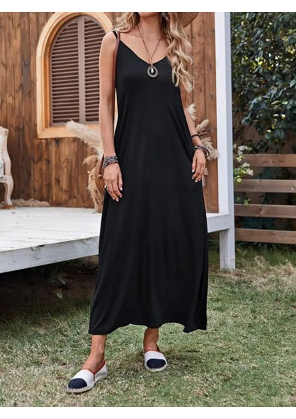 Kadın Ip Askılı Derin Geniş V Yakalı Uzun Viskon Elbise indirimleri