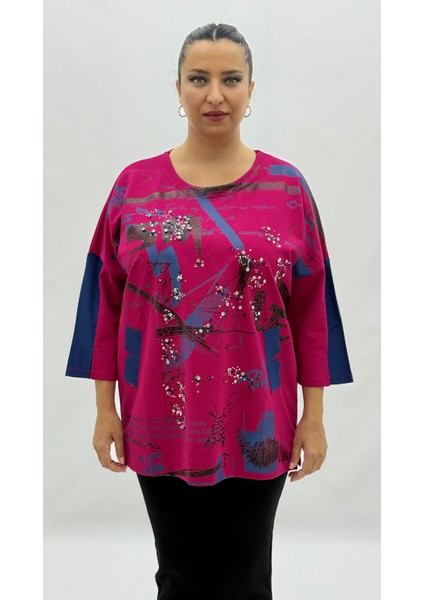 Büyük Beden Viskon Taşlı Cepli Kapri Kol Oversize Kadın Sweat