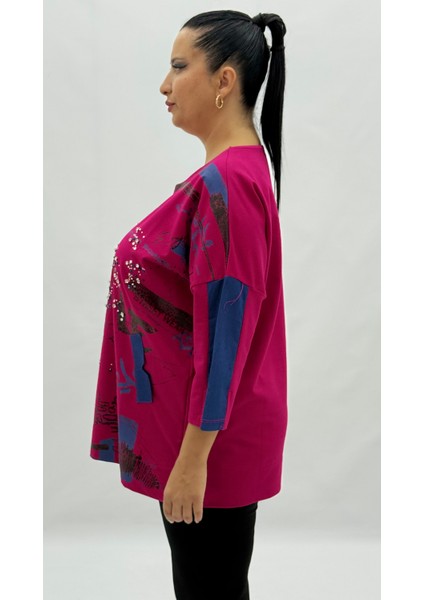 Büyük Beden Viskon Taşlı Cepli Kapri Kol Oversize Kadın Sweat modelleri