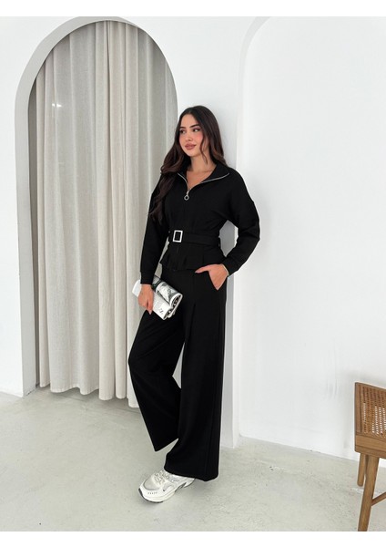 Tesettür Uyumlu Modal Kumaş Kemerli Fermuarlı Şık Günlük Takım / Modest Modal Tracksuit Set