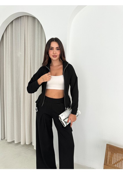 Tesettür Uyumlu Modal Kumaş Kemerli Fermuarlı Şık Günlük Takım / Modest Modal Tracksuit Set