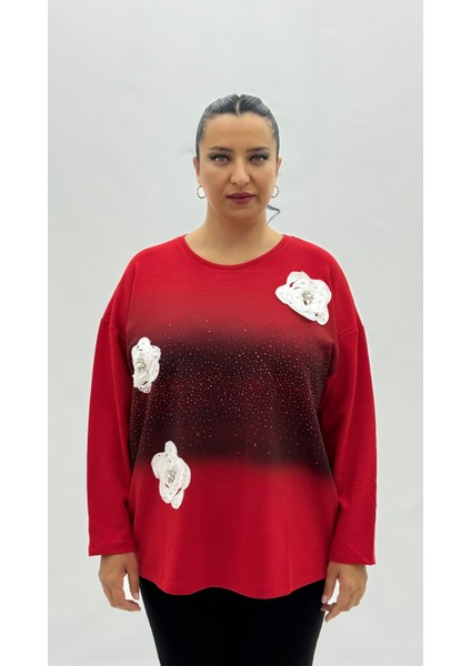 Büyük Beden Viskon Taşlı Inci Detaylı Uzun Kol Oversize Kadın Bluz